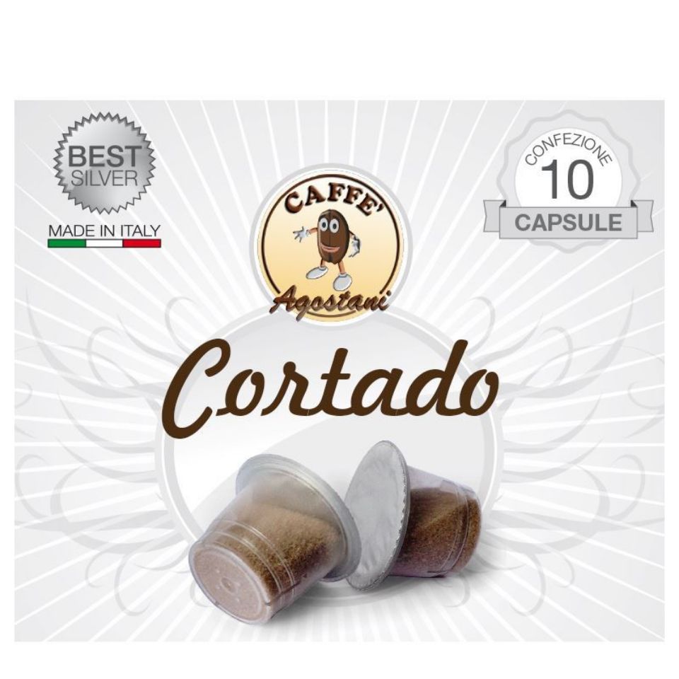 Picture of 10 caps of Agostani Best Silver Cortado capsules compatible with Nespresso system