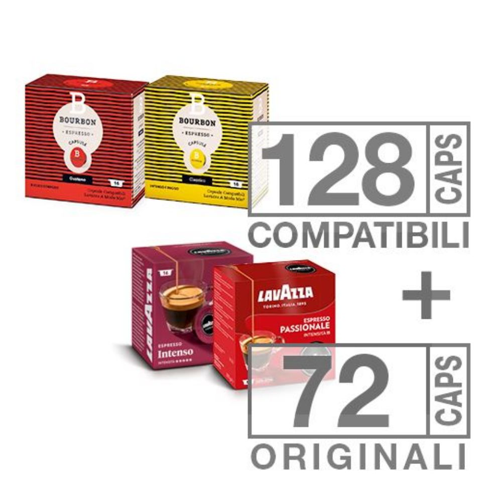 Picture of 128 Lavazza Bourbon A Modo Mio compatible pods + 72 Lavazza Original Intenso and Passionale