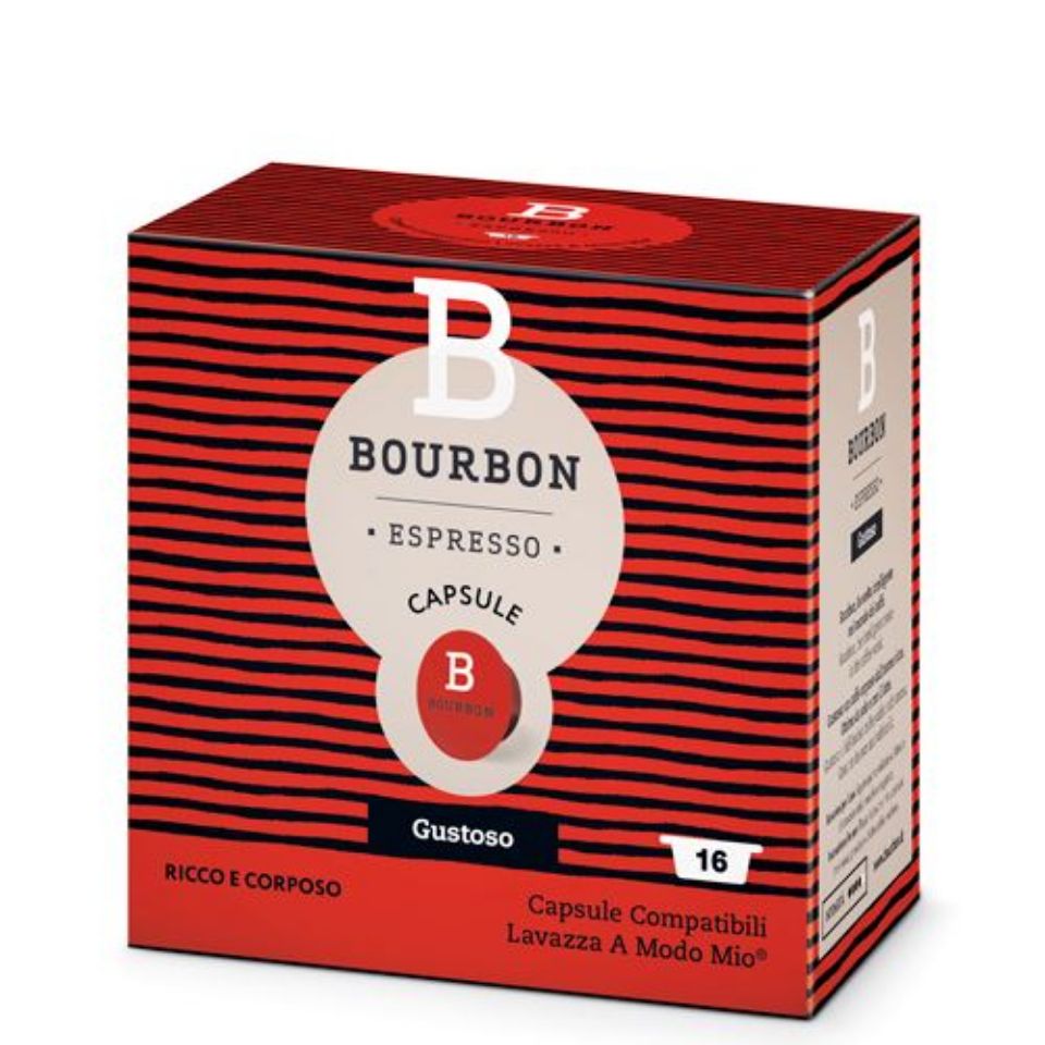 Picture of 128 capsules of Bourbon GUSTOSO A Modo Mio compatible produced by Lavazza Free shipment Picture of 128 capsules of Bourbon GUSTOSO A Modo Mio compatible produced by Lavazza Free shipment