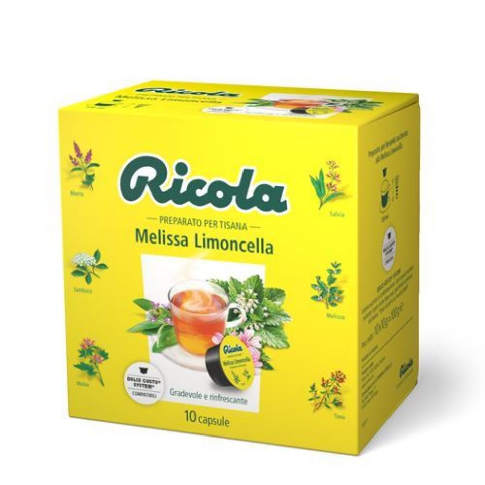 Picture of 10 Ricola Lemon Balm herbal tea caps compatible with Nescafé Dolce Gusto system