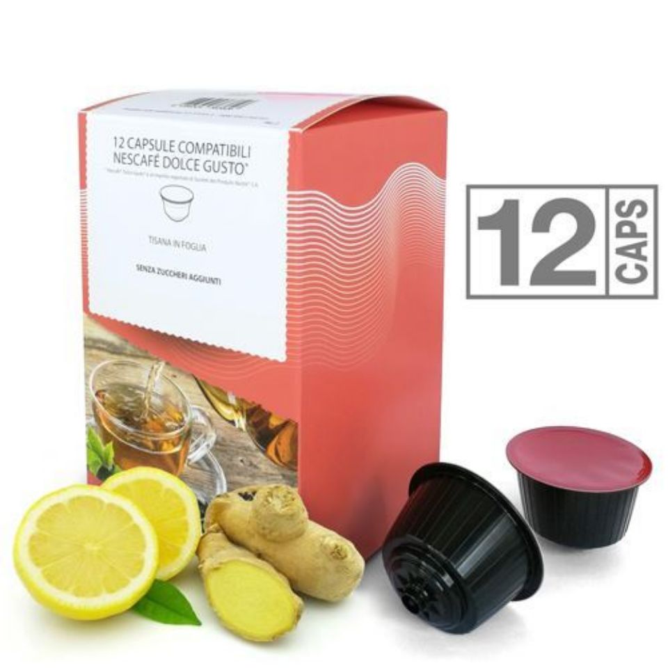 Picture of 12 Ginger and Lemon Herbal tea capsules compatible with Nescafé Dolce Gusto system 