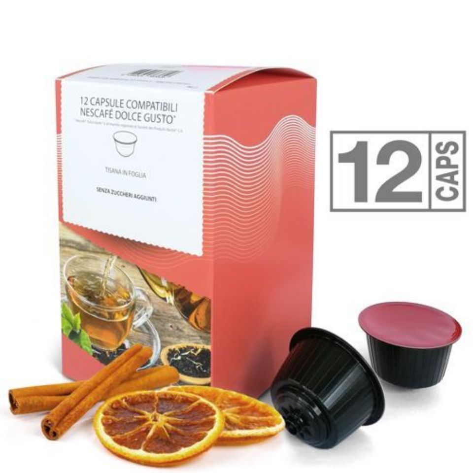 Picture of 12 Cinnamon and Orange Herbal Tea capsules compatible with Nescafé Dolce Gusto system