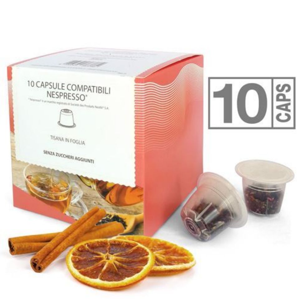 Picture of 10 caps of  Cinnamon and Orange herbal tea compatible with Nespresso system