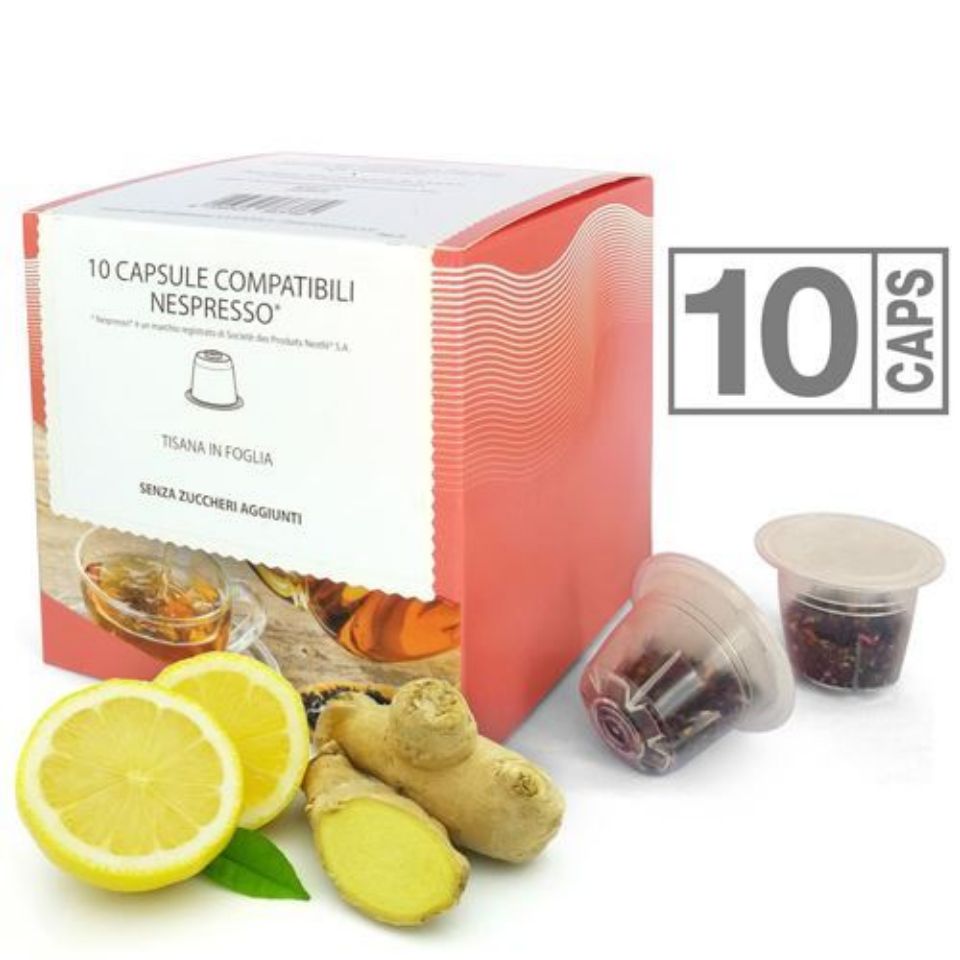 Picture of 10 caps of Ginger and Lemon herbal tea compatible with Nespresso system