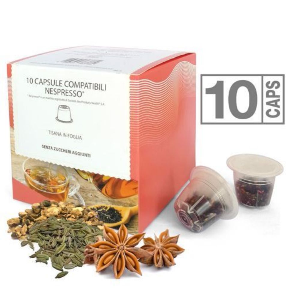 Picture of 10 caps of digestive herbal tea compatible with Nespresso system