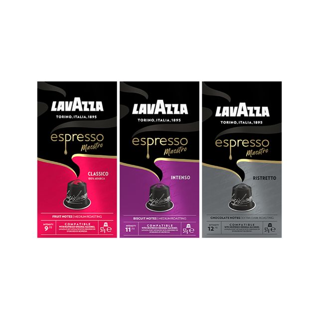 Show details for MIX 120 aluminium capsules Lavazza Maestro Ristretto, Intenso, Classico Compatible Nespresso MIX 120 aluminium capsules Lavazza Maestro Ristretto, Intenso, Classico Compatible Nespresso